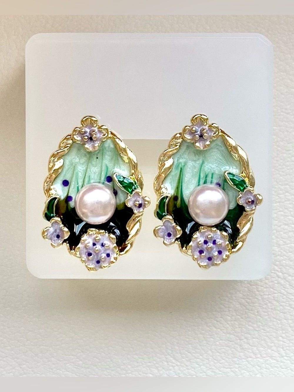 Elegant Green Enamel Pearl Floral Earrings